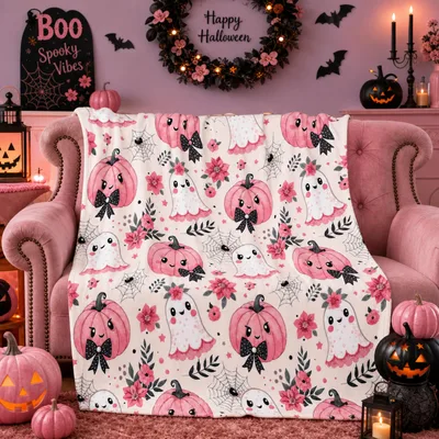 Pink Pumpkin Blanket: Cute Halloween Ghost and Floral Design