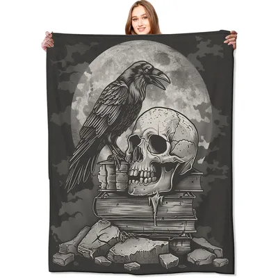 Raven on Skull Blanket: Gothic Art with Raven and Skull Design