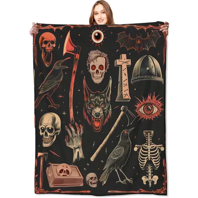 Vintage Gothic Horror Skulls Blanket: Spooky Skeletons and Bats