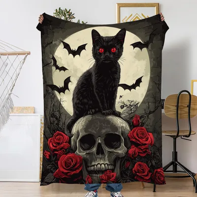 Black Cat Skull Halloween Blanket with Gothic Art and Red Roses
