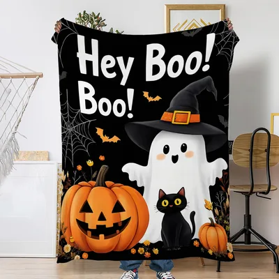 Hey Boo Ghost Blanket: Spooky Halloween Cat and Pumpkin Design