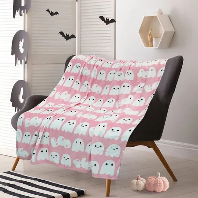 Cute Pink Ghosts Pattern Blanket featuring adorable white ghosts