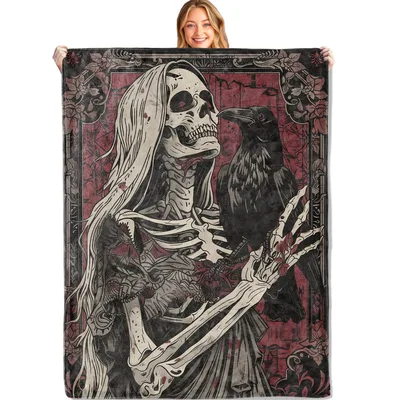 Gothic Skeleton Raven Blanket featuring a hooded skull