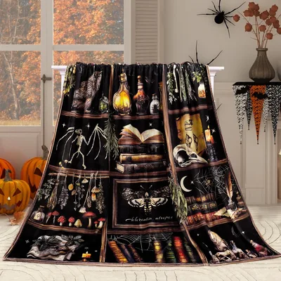 Gothic Bookshelf Witchcraft Blanket featuring vintage spellbooks