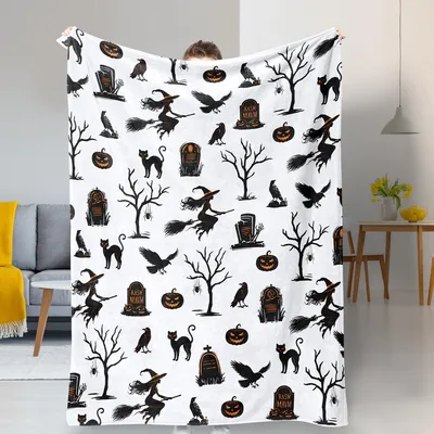 Halloween Witch Cat Pattern Blanket features spooky