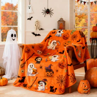 Orange Ghosts Bats Blanket: Spooky Halloween Design for Cozy Nights