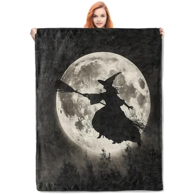 Witch Silhouette Moon Blanket: Spooky Flight Design for Halloween