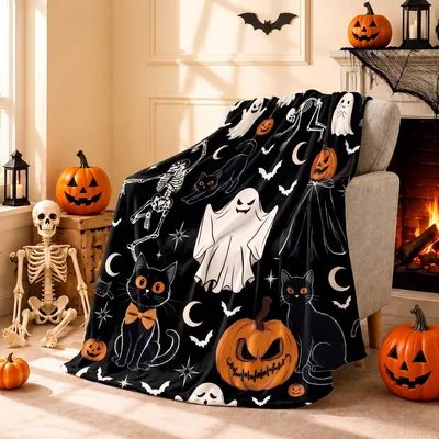 Spooky Ghosts Black Cats Blanket: Halloween Cat and Pumpkin Design