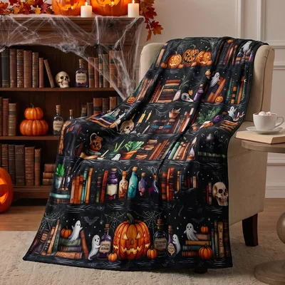 Halloween Bookshelf Pumpkins Blanket: Spooky Library Design
