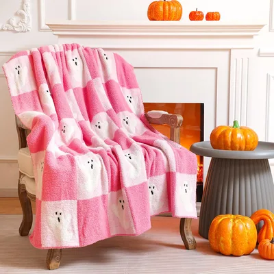 Pink Checkered Ghost Pattern Blanket featuring cute white ghosts