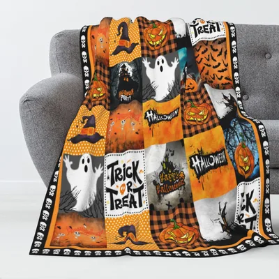 Halloween Pumpkins Ghosts Patchwork Blanket Spooky Season Throw