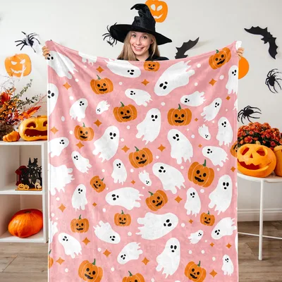 Blush Ghost and Jack-o'-Lantern Blanket: Spooky Cute Halloween Pattern