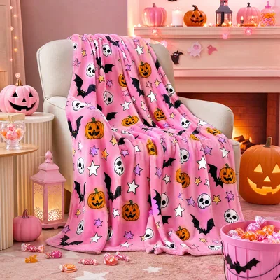 Halloween Pink Bats Pumpkins Blanket for a Spooky Sweet Fall Vibe