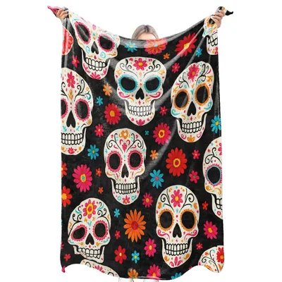 Black Background Sugar Skulls Blanket: Vibrant Day of the Dead Throw