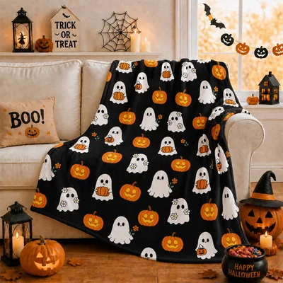 Halloween Ghost Pumpkin Pattern Blanket: Spooky Cute Fall Design