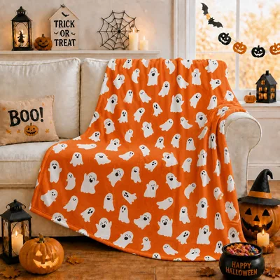 Cute Ghosts on Orange Blanket: Spooky Season Throw