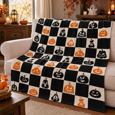 Halloween Pumpkin Checkered Blanket Spooky Checkerboard Throw