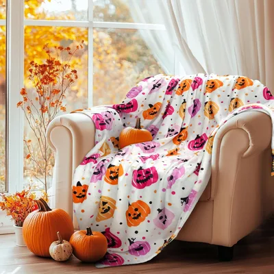 Pink and Orange Pumpkins Blanket: Spooky Fall Pattern