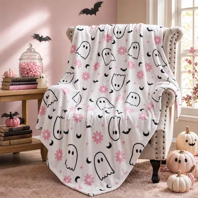 Pink Daisy Ghosts Pattern Blanket features cute white ghosts