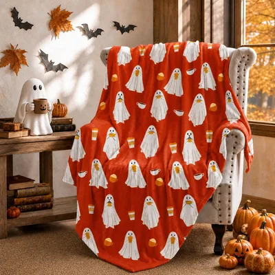 Halloween Ghost Coffee Blanket: Spooky White Spirits with Orange Mugs