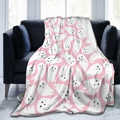 Pastel Pink Ghost Pattern Blanket featuring cute white cartoon spirits