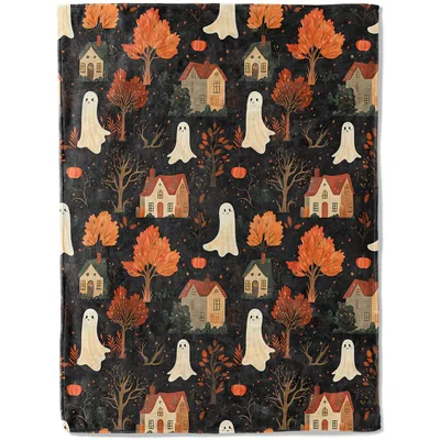 Ghost Village Autumn Halloween Blanket featuring friendly ghosts