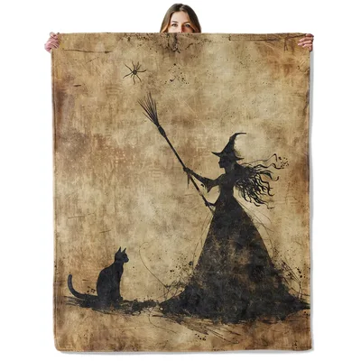 Witch Cat Halloween Blanket featuring a vintage witch silhouette