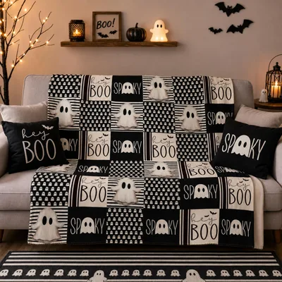 Halloween Ghost Patchwork Blanket Spooky Hey Boo Design