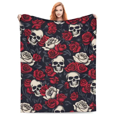 Skull Rose Goth Pattern Blanket: Dark Skulls and Red Roses Design