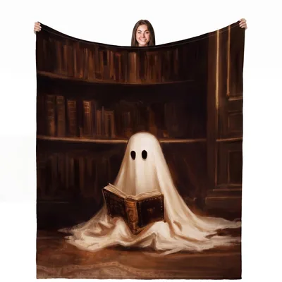 Ghost Reading in Library Blanket: Spooky Bookworm Throw