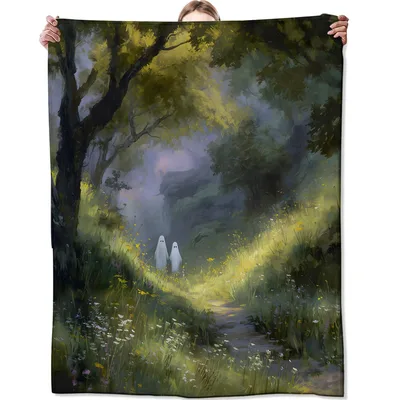 Ghost Forest Painting Blanket features two friendly ghosts