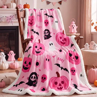 Pink Halloween Pumpkins Ghosts Blanket: Spooky Pink Design