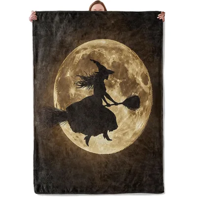 Witch Flying Moon Halloween Blanket: Spooky Silhouette Design