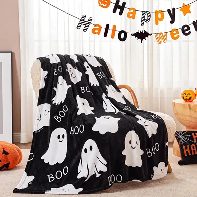 Black Ghost Boo Cuddle Blanket for Spooky Season Comfort