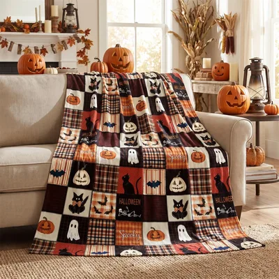 Halloween Patchwork Pumpkin Cat Blanket for Spooky Season Fans