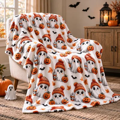 Spooky Ghost Coffee Pumpkin Blanket: Cute Halloween Design