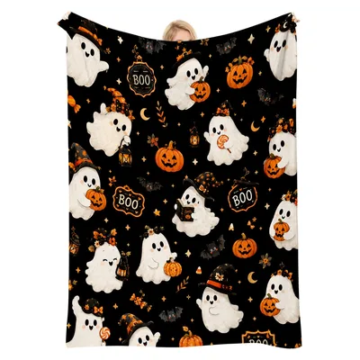 Spooky Ghost Witch Pumpkin Blanket features cute white
