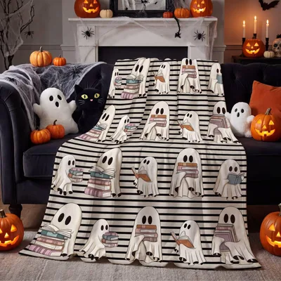 Ghosts Reading Books on Stripes Blanket for Bookworms