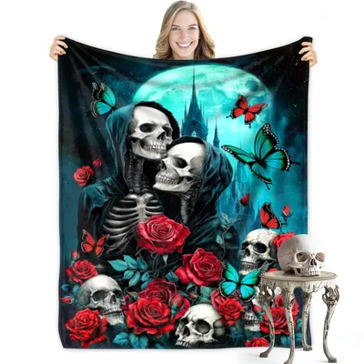 Skull Skeleton Roses Blanket: Gothic Romance with Skulls and Red Roses