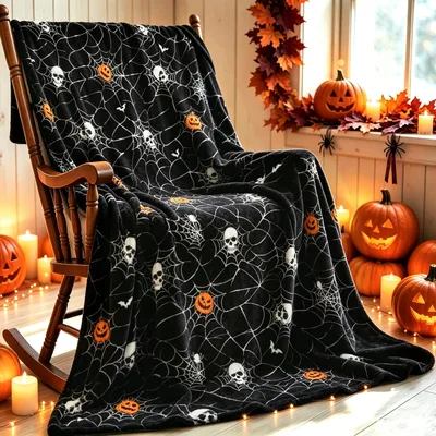 Halloween Spiderweb Skulls Pumpkins Blanket for Spooky Season