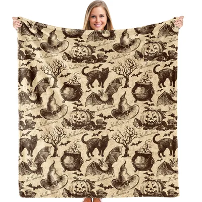 Vintage Halloween Pattern Blanket featuring engraved black cats