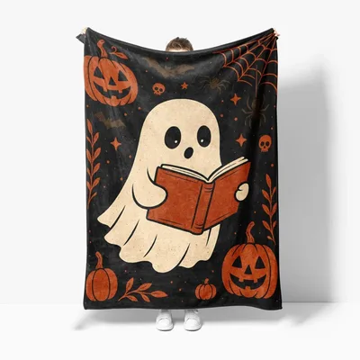 Reading Ghost Halloween Pumpkins Blanket: Spooky Reader Design