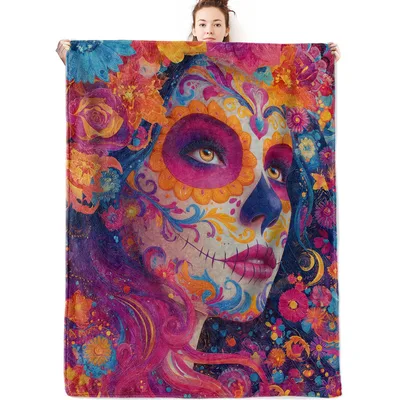 Sugar Skull Woman Floral Blanket: Vibrant Day of the Dead Art