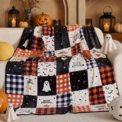 Halloween Patchwork Ghosts Plaid Blanket for Spooky Season