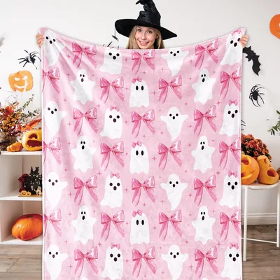 Pink Ghost Halloween Blanket: Spooky Bows and White Specters