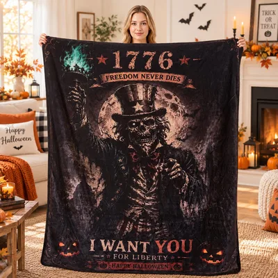 Skeleton Uncle Sam Halloween Blanket: 1776 Freedom Never Dies Design