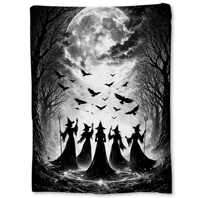 Witch Moon Blanket: Gothic Coven Silhouette Under Full Moon