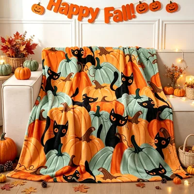 Black Cat Pumpkin Fall Blanket for Spooky Autumn Vibes