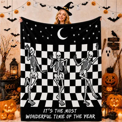 Dancing Skeletons Checkered Halloween Blanket for Spooky Season