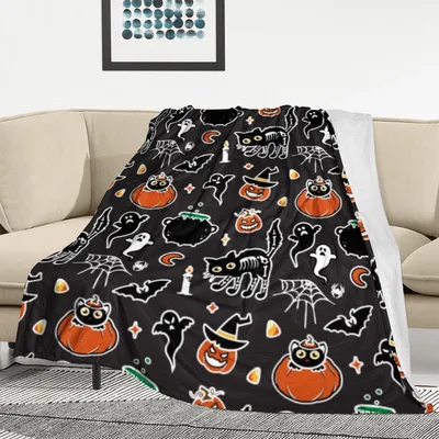 Halloween Cat Ghost Pattern Blanket: Spooky Feline and Pumpkin Design